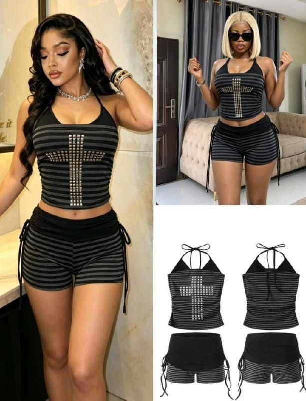 Black Striped Two Piece Crop Top and Shorts Set